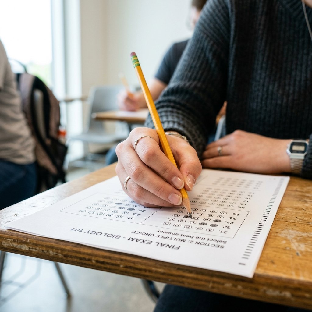 Student filling out multiple-choice exam paper