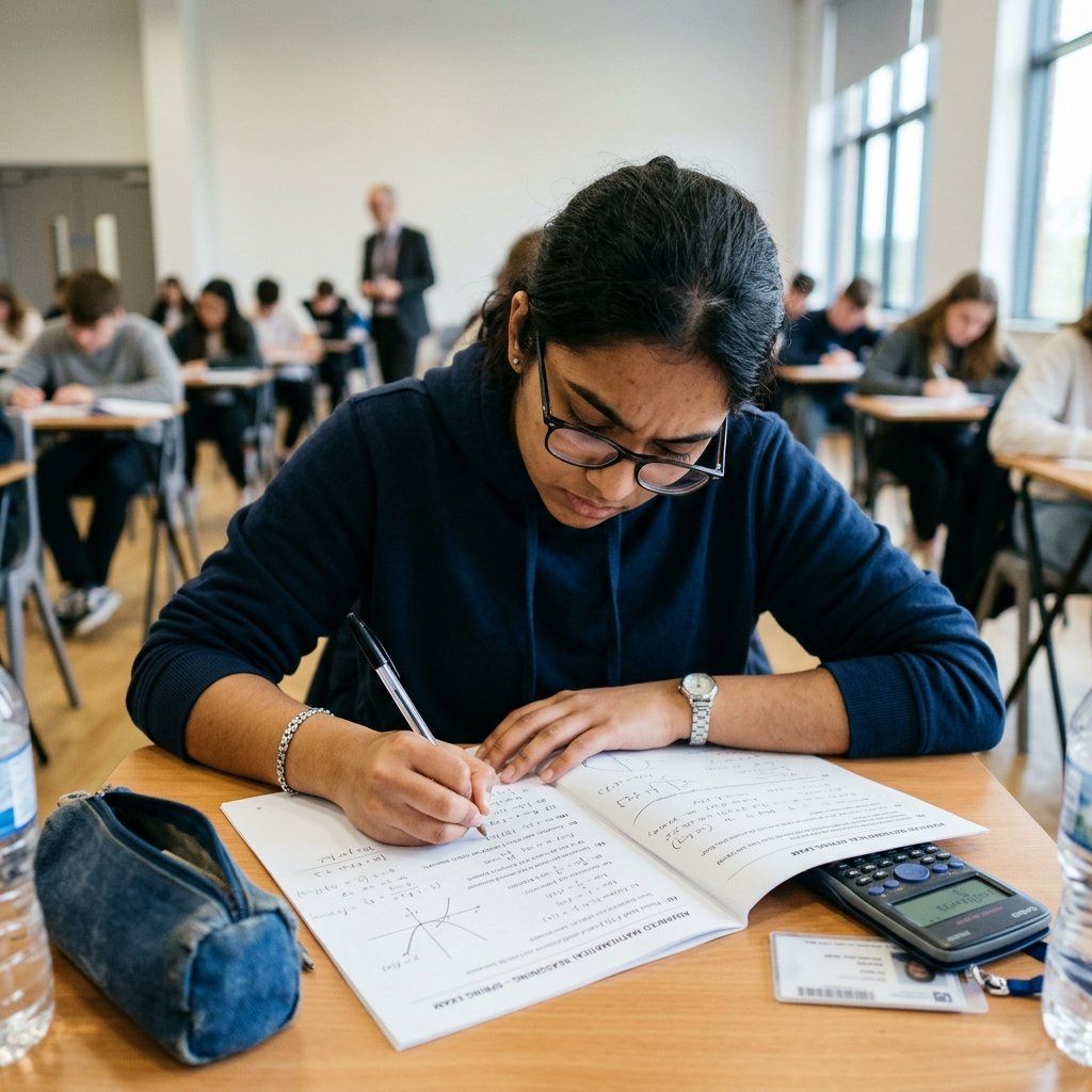Student solving complex mathematical reasoning problems on an exam paper
